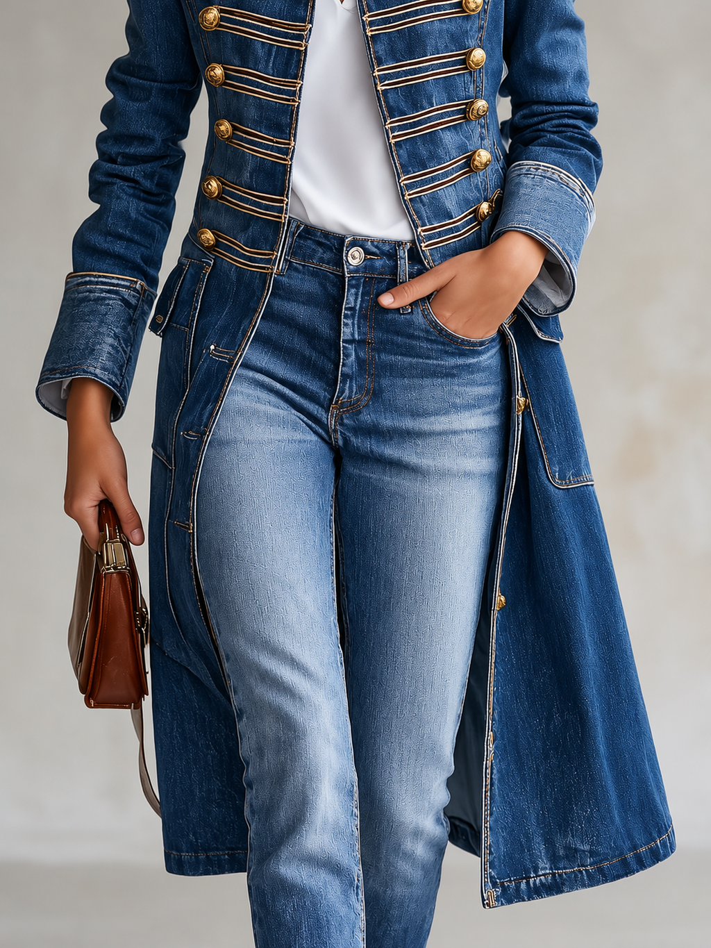 Long Tailored Military Denim Coat with Gold Buttons