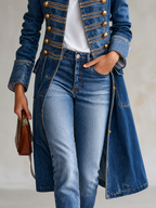 Long Tailored Military Denim Coat with Gold Buttons