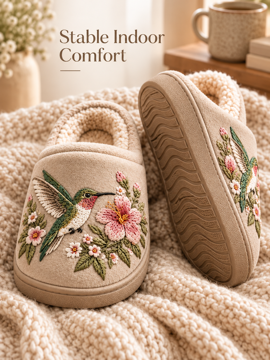 Embroidered Hummingbird Slippers