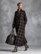 Loose Plaid Zipper Neck Knitted Maxi Dress