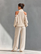 Knit Fabric Cold-Shoulder Turtleneck Top & Wide-Leg Pants Set