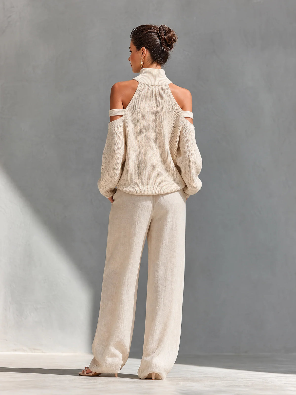 Knit Fabric Cold-Shoulder Turtleneck Top & Wide-Leg Pants Set