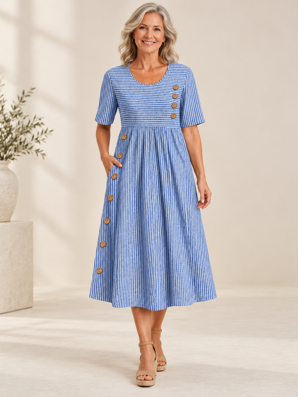 Striped Short Sleeve Midi Dress with Button Detail & Side Pockets