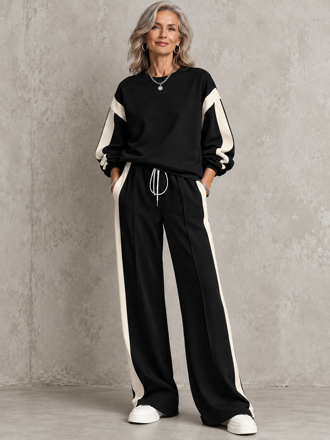 Contrast-Stripe Wide-Leg Two-Piece Set