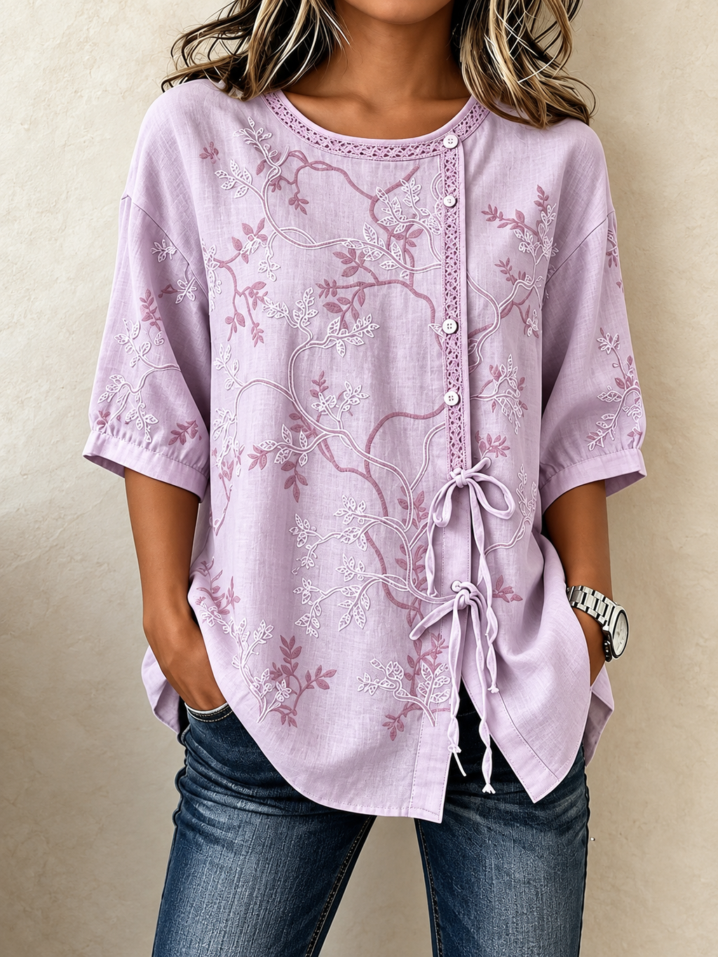 Floral Embroidery Lace-Trim Half Sleeve Blouse