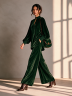 Round Neck Drop-Shoulder Blouson-Sleeve Top & Wide-Leg Trouser Velvet Set