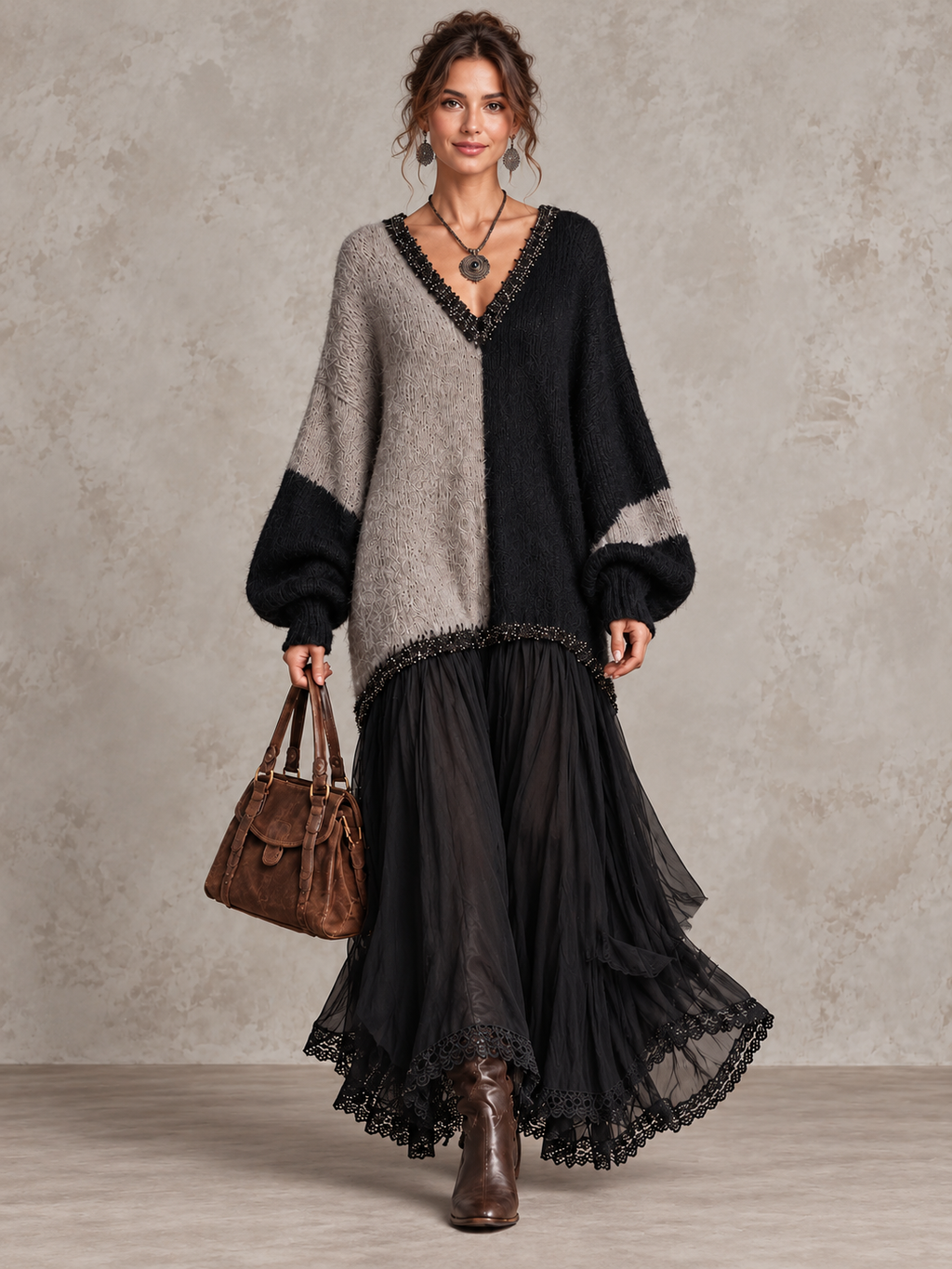 Elegant V-neck Knit And Lace Color-block Panel Maxi Dress
