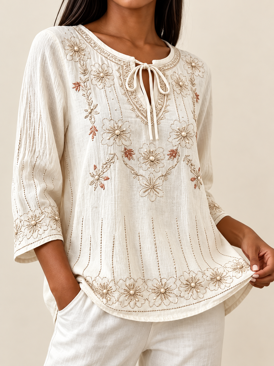 Floral Embroidered Split V-Neck 3/4 Sleeve Blouse
