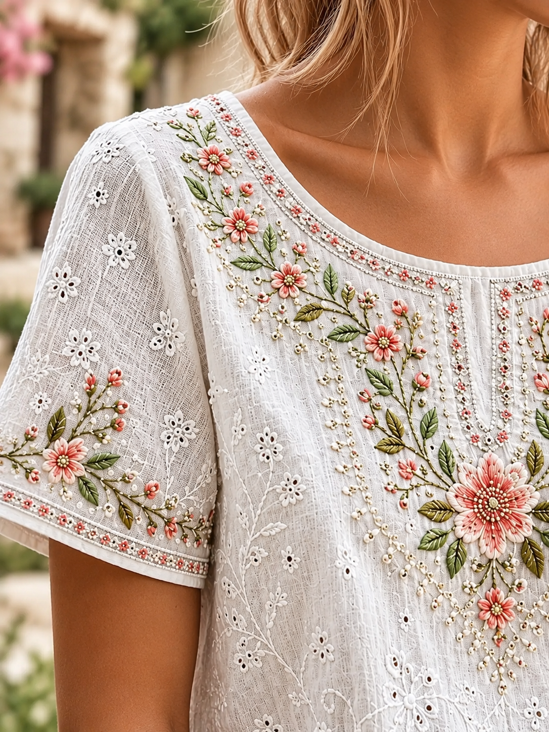 White Floral Embroidery Eyelet Rhinestone Round Neck Short Sleeve Blouse