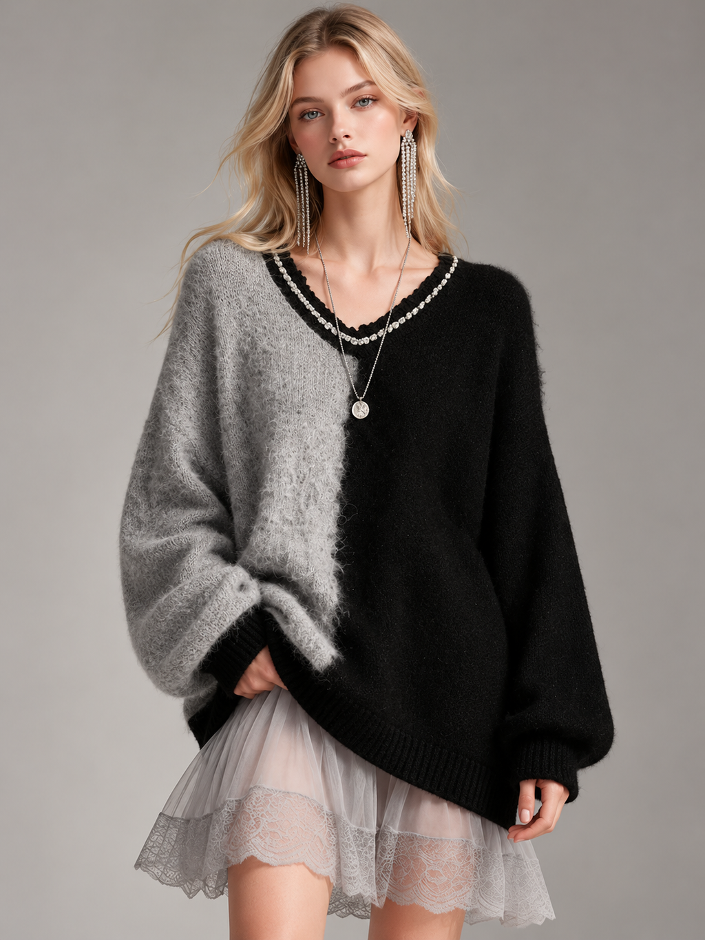 Color-Block V-Neck Wool Knit Mini Dress