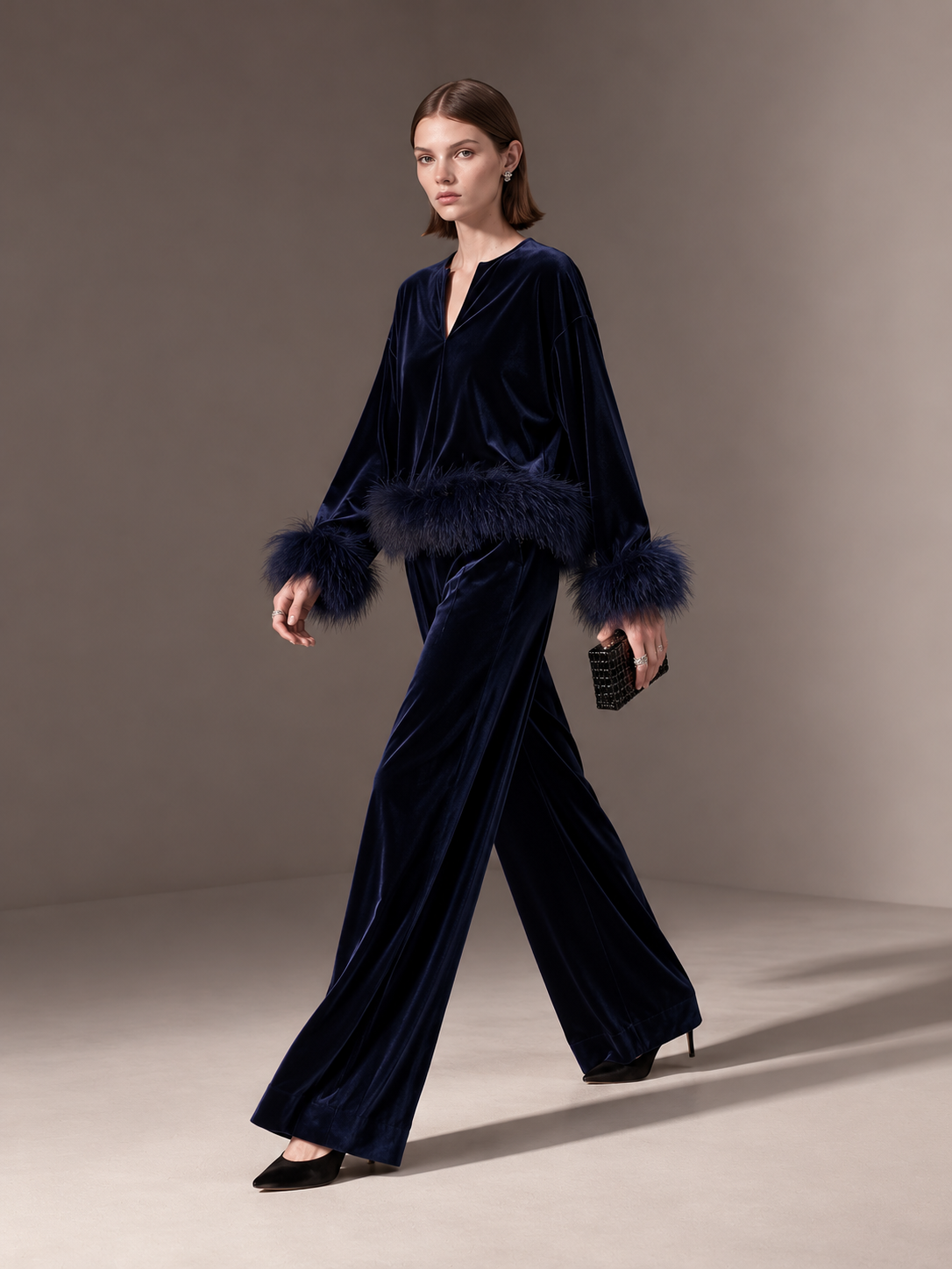 Navy Velvet Artificial Fur Trim Notch-Neck Drop-Shoulder Top And Wide-Leg Trousers Set