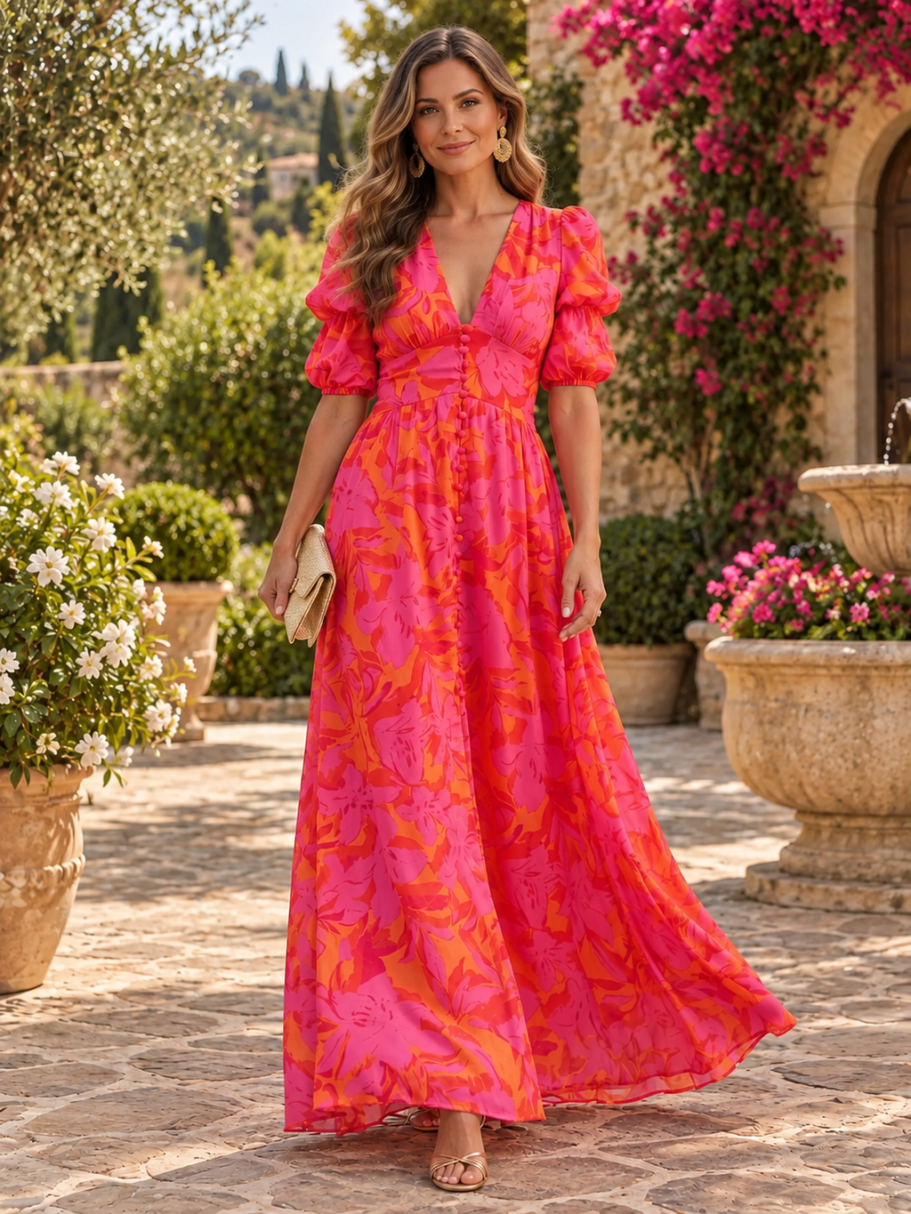 Elegant Floral Maxi Dress with Puff Sleeves
