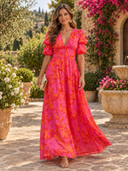 Elegant Floral Maxi Dress with Puff Sleeves