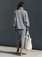 Casual Grey Scuba-Knit Long-Sleeve Top And Skirt Two-Piece Set