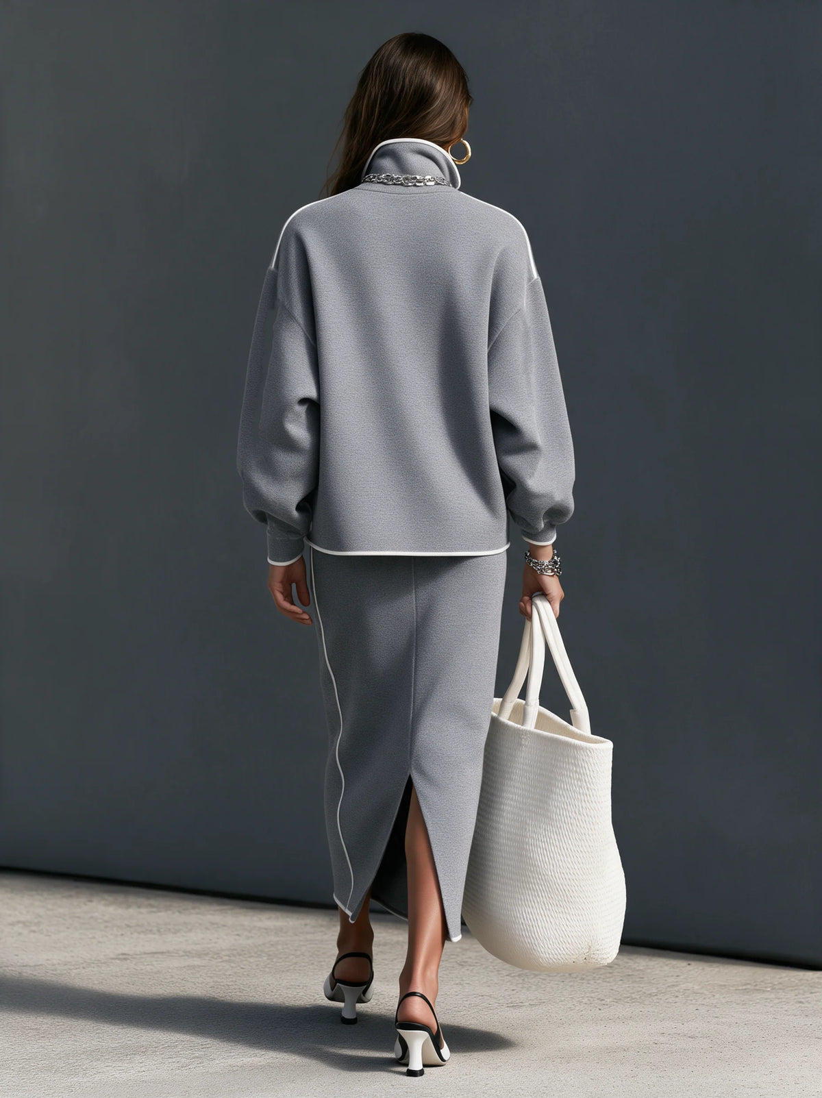Casual Grey Scuba-Knit Long-Sleeve Top And Skirt Two-Piece Set