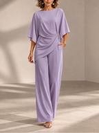Conjunto de blusa drapeada y pantalón de pierna ancha