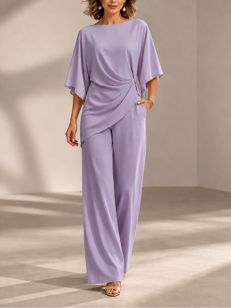 Conjunto de blusa drapeada y pantalón de pierna ancha