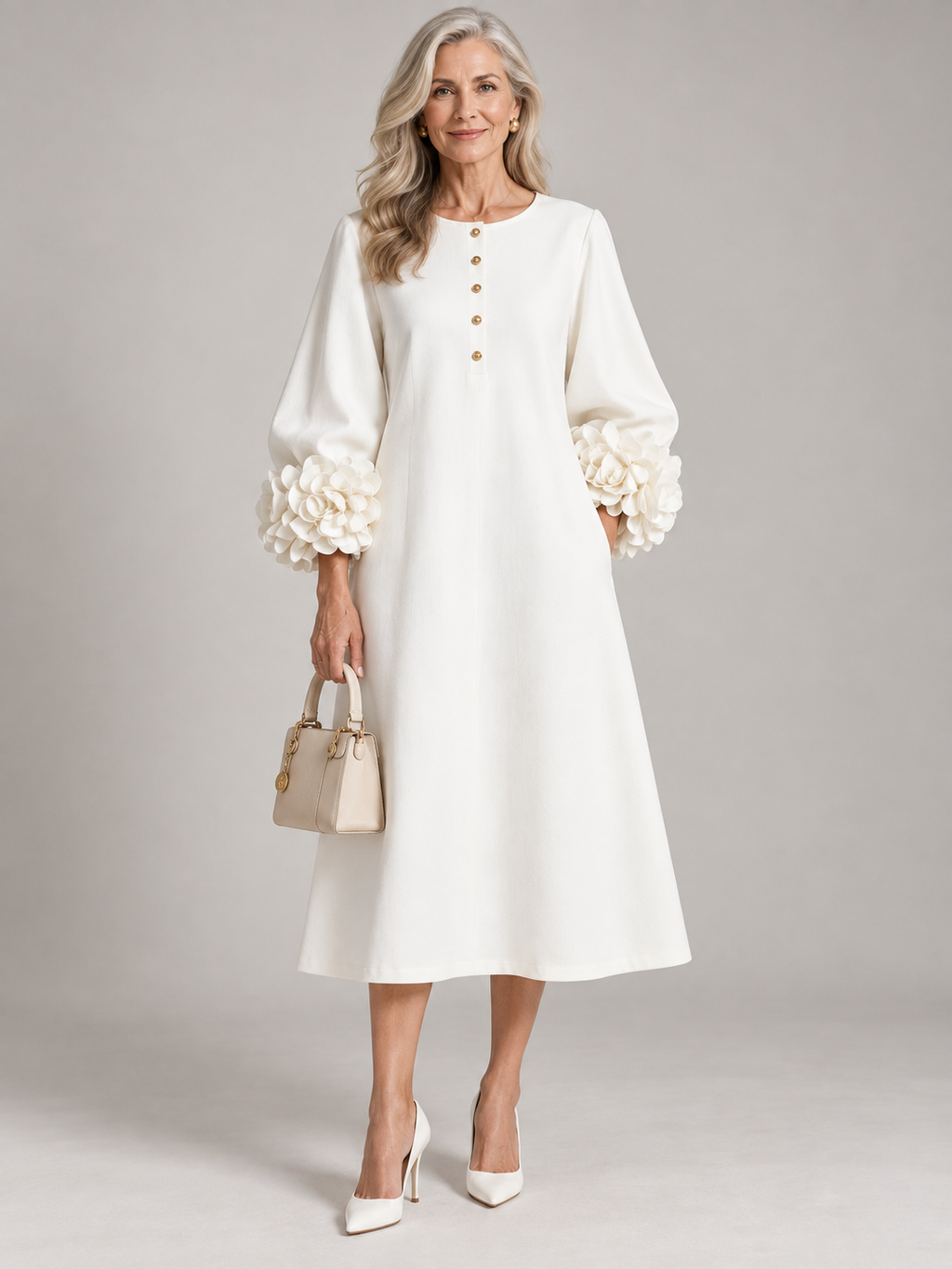 3D Floral Detail Midi Dress with Statement Sleeves