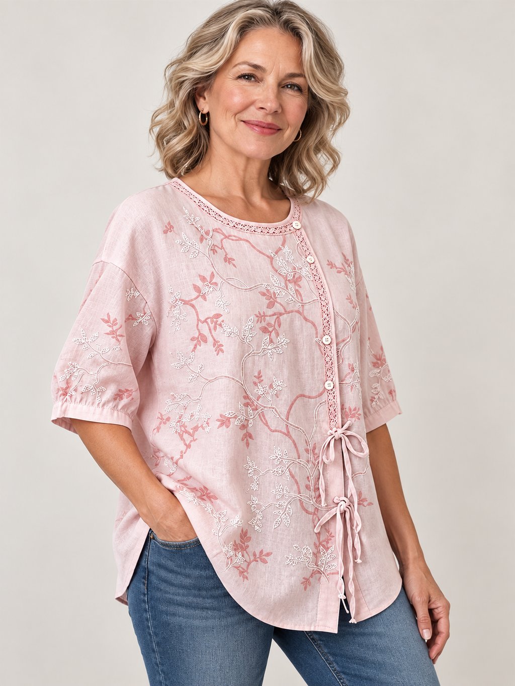 Floral Embroidery Lace-Trim Half Sleeve Blouse