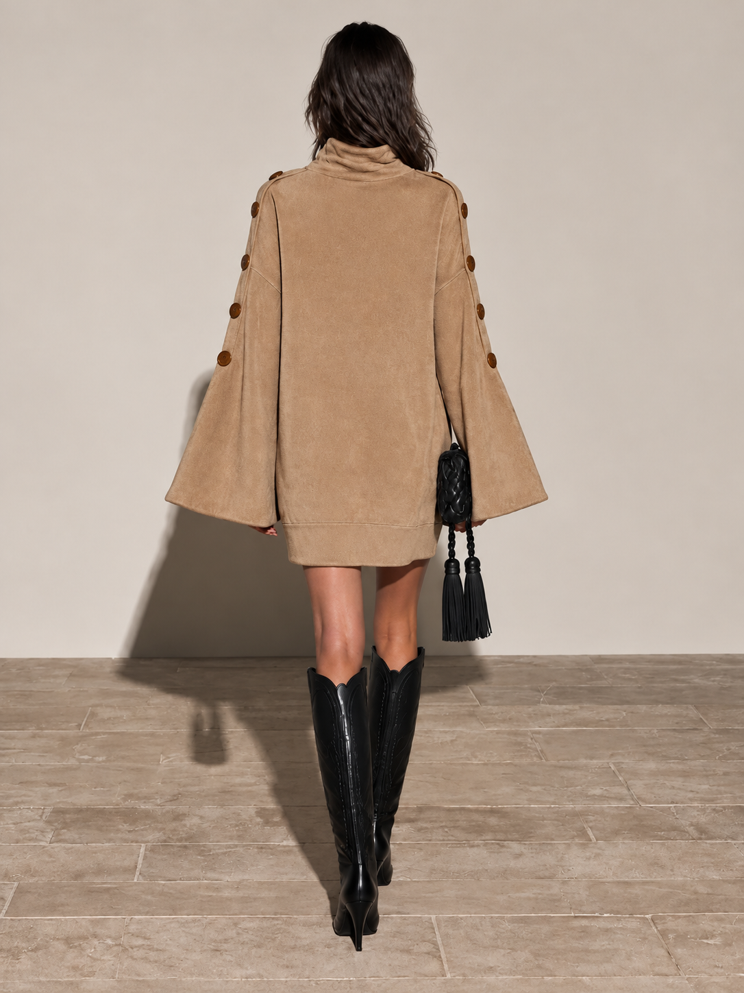 Camel Faux Suede Turtleneck Mini Dress