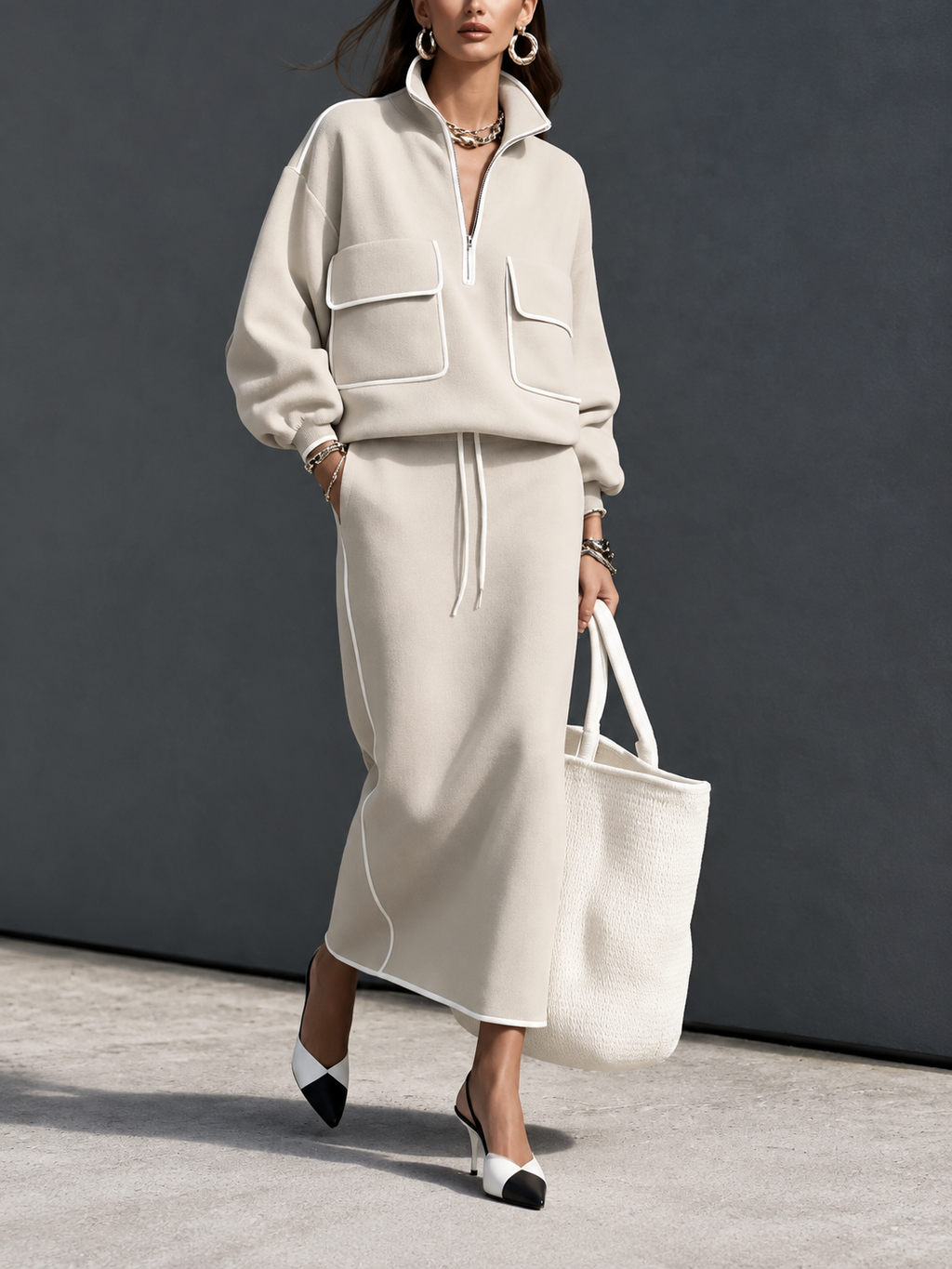 Casual Grey Scuba-Knit Long-Sleeve Top And Skirt Two-Piece Set