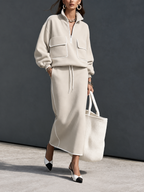 Casual Grey Scuba-Knit Long-Sleeve Top And Skirt Two-Piece Set