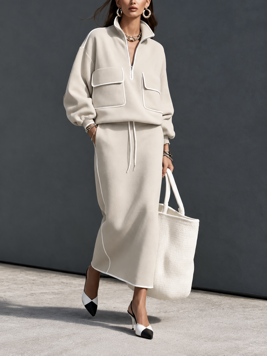 Casual Grey Scuba-Knit Long-Sleeve Top And Skirt Two-Piece Set