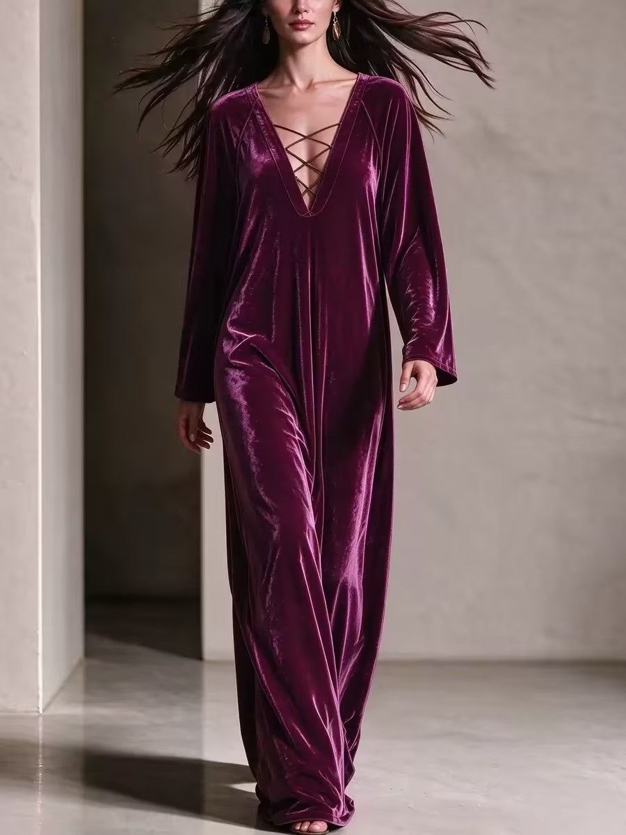 Velvet Criss‑Cross V‑Neck Maxi Kaftan