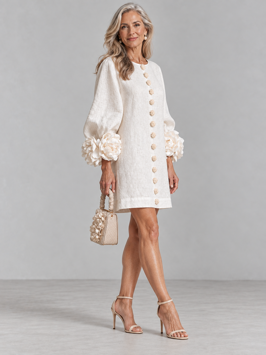 Floral Button Puff Sleeve Linen-Feel Dress