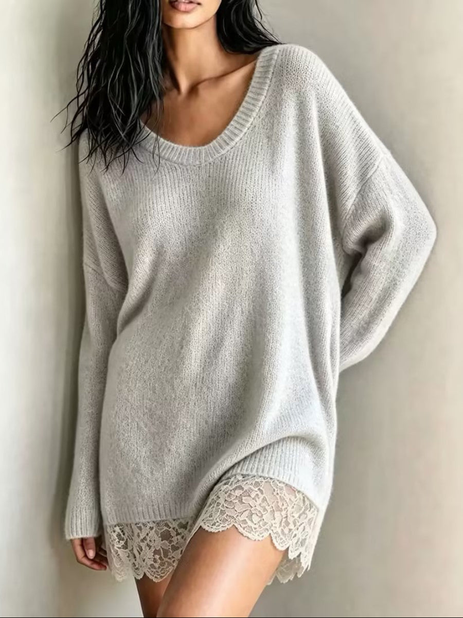 Lightweight U-Neck Knit Mini Dress With Lace Hem