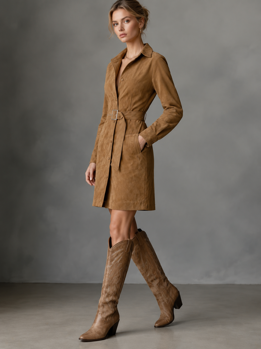 Suede Belted Shirt Mini Dress