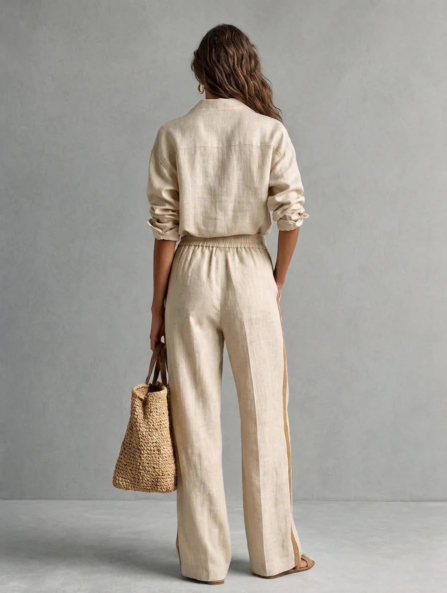 Khaki Cotton-Linen Shirt And Trousers Two-Piece Set