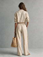 Khaki Cotton-Linen Shirt And Trousers Two-Piece Set