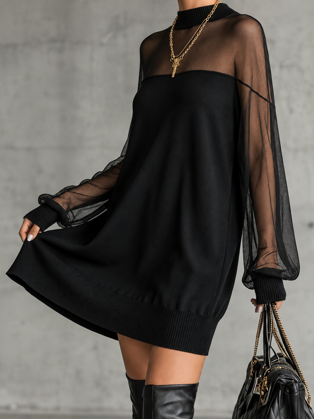 Elegant Black Mini Dress With Mesh Sleeves