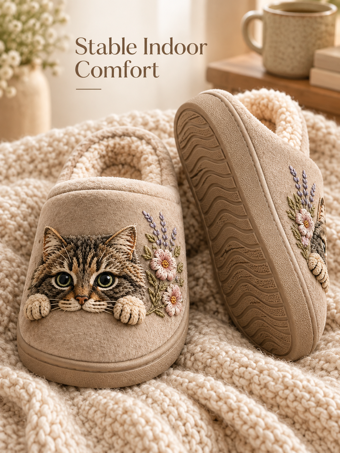Embroidered Cat Slippers