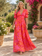 Elegant Floral Maxi Dress with Puff Sleeves