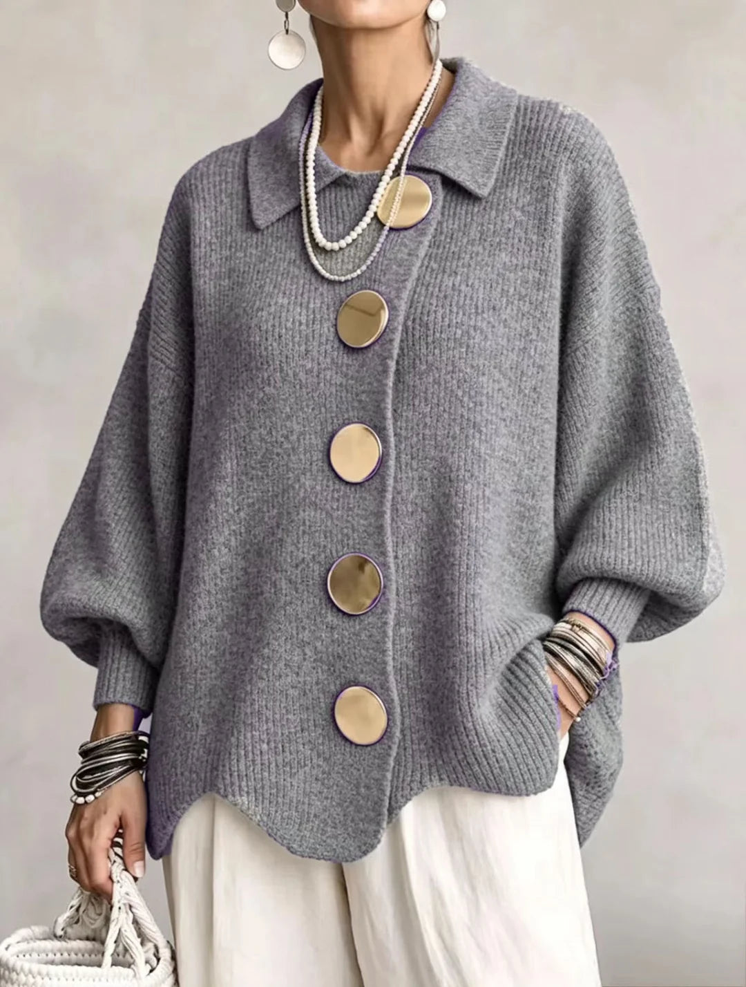 Oversized Collared Cardigan With Large Metal Buttons