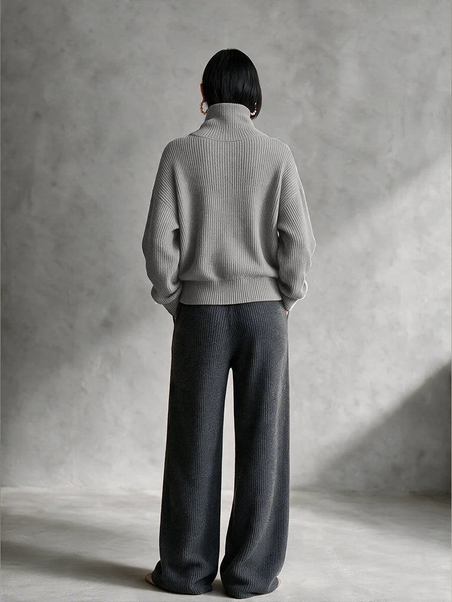 Diagonal‑Zip Funnel Neck Knit Sweater