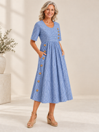 Striped Short Sleeve Midi Dress with Button Detail & Side Pockets