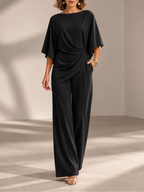 Conjunto de blusa drapeada y pantalón de pierna ancha