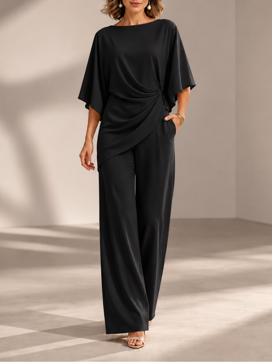 Conjunto de blusa drapeada y pantalón de pierna ancha