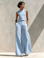 Contrast Trim Sleeveless Top & Wide-Leg Pants Set