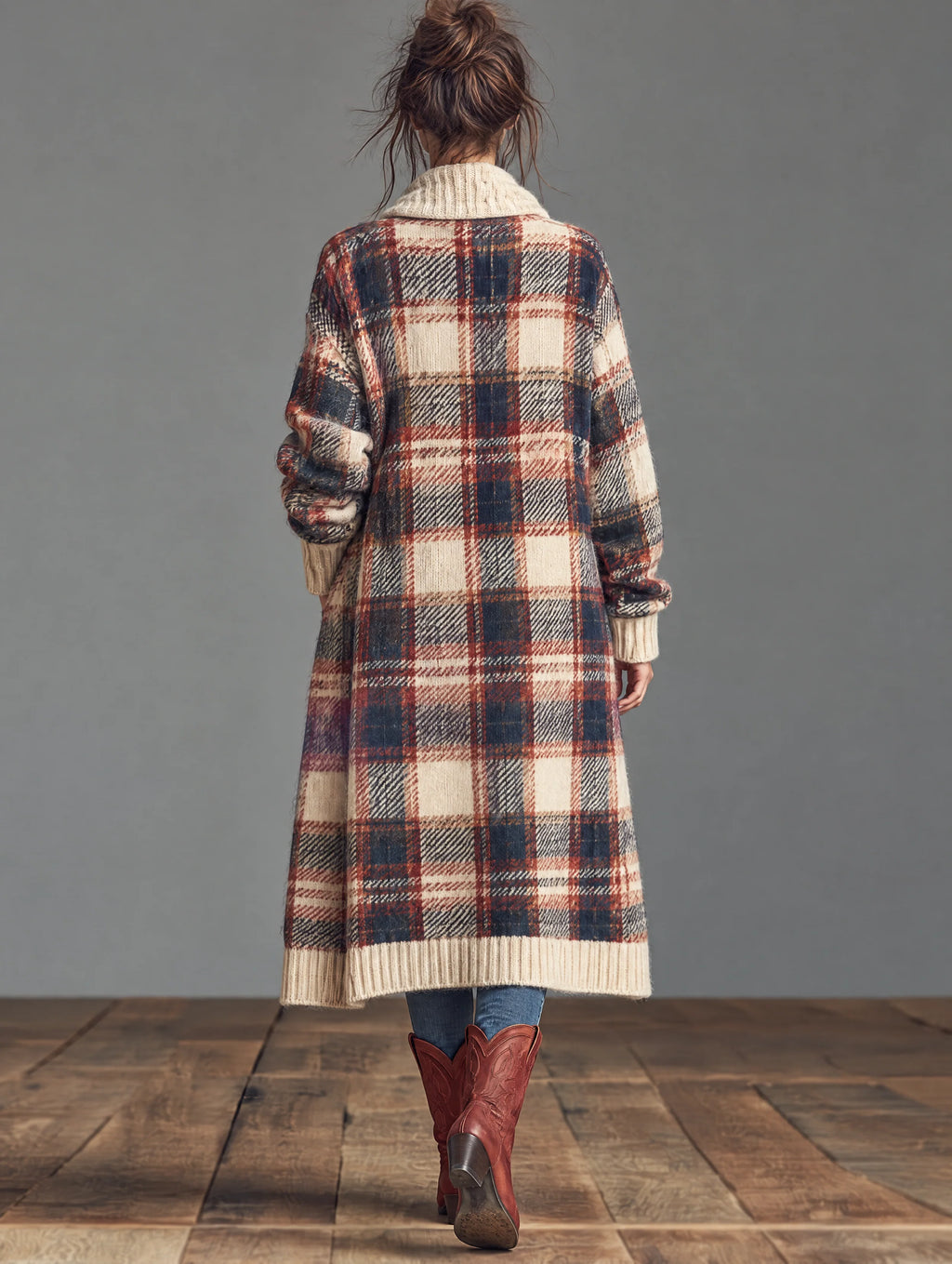 Vintage Plaid Jacquard Shawl-Collar Toggle Cardigan