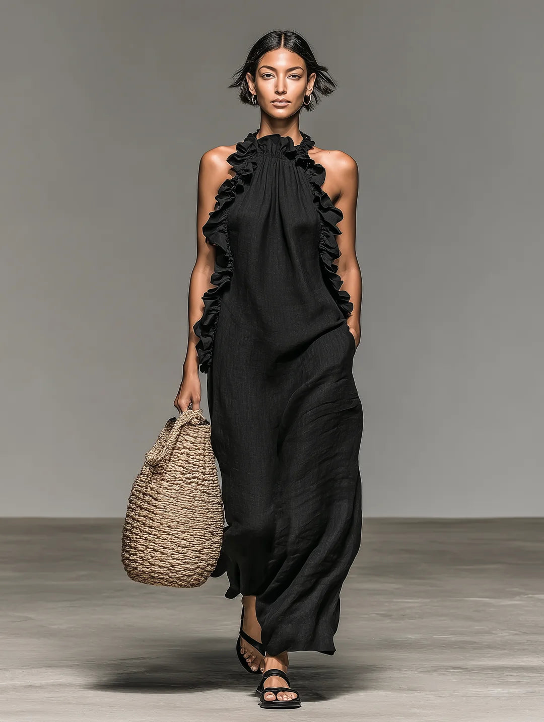 Ruffle-Trim Halter Maxi Dress with Pockets
