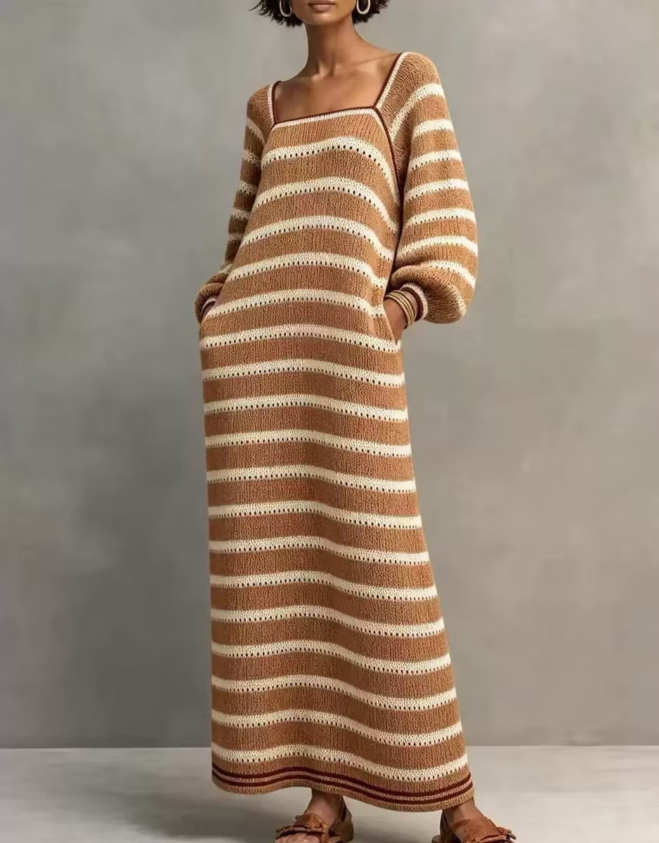Minimalist Striped Square-Neck Long-Sleeve Maxi Sweater Dress