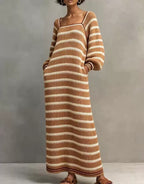 Minimalist Striped Square-Neck Long-Sleeve Maxi Sweater Dress