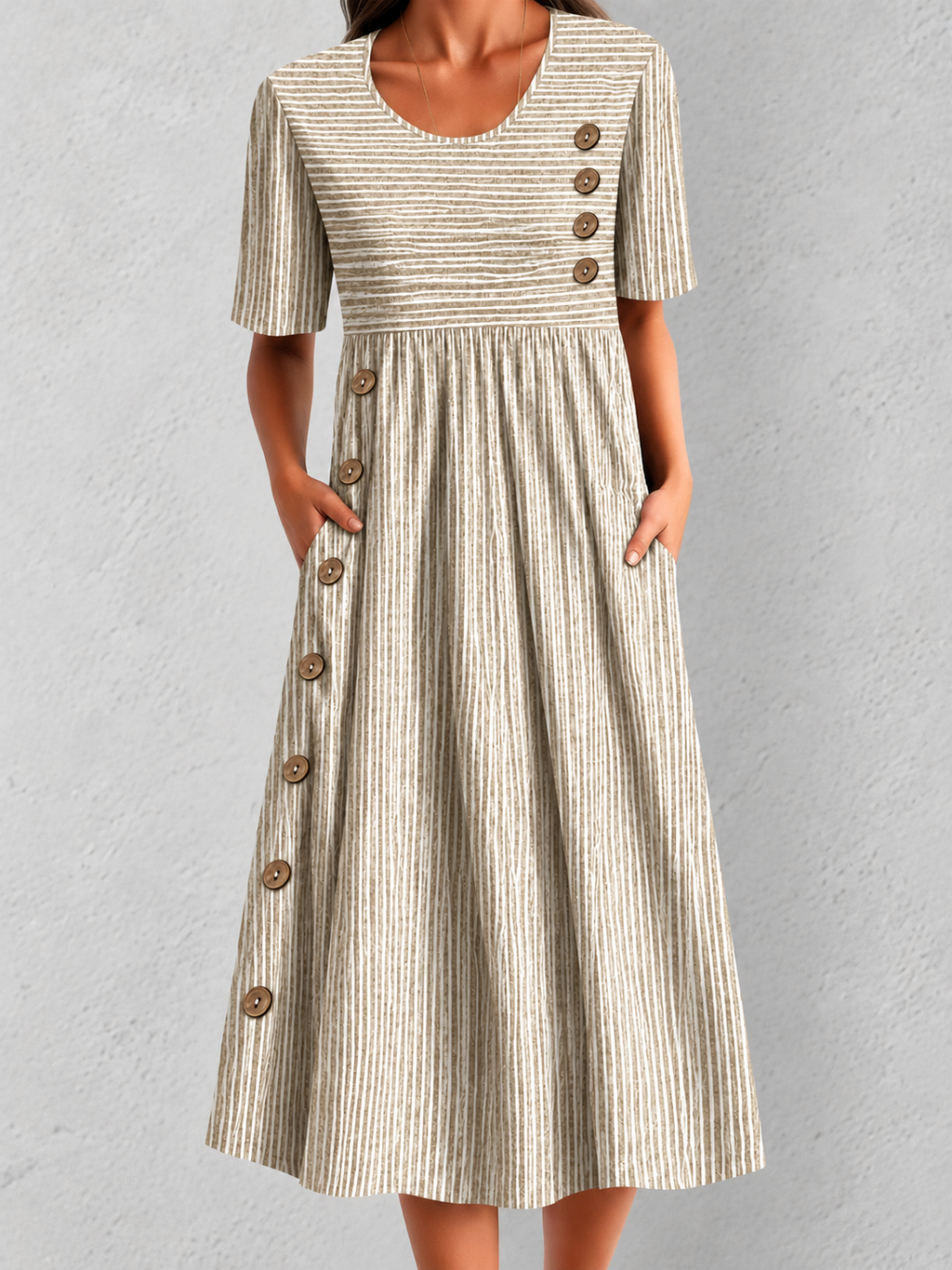 Striped Short Sleeve Midi Dress with Button Detail & Side Pockets