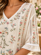 Floral Embroidery V-Neck Lace-Trim Blouse