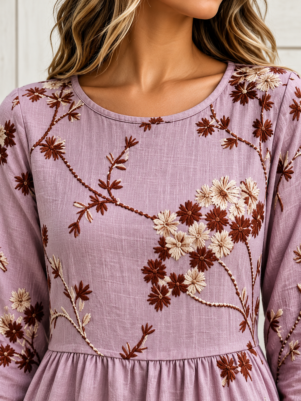 Light Purple Floral Print Round Neck Long Sleeve Midi Dress