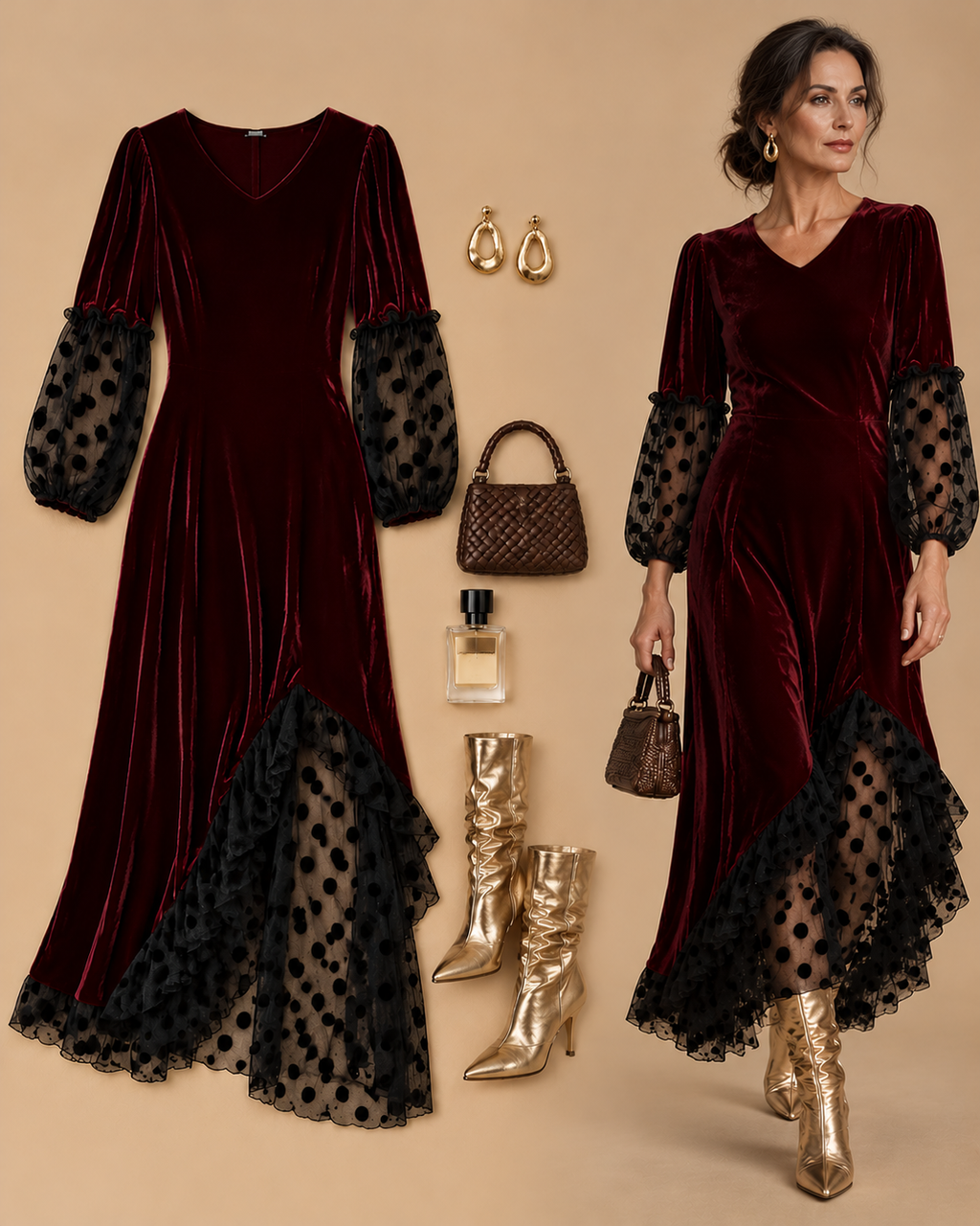 V-Neck Blouson-Sleeve Polka-Dot Mesh Velvet Maxi Dress